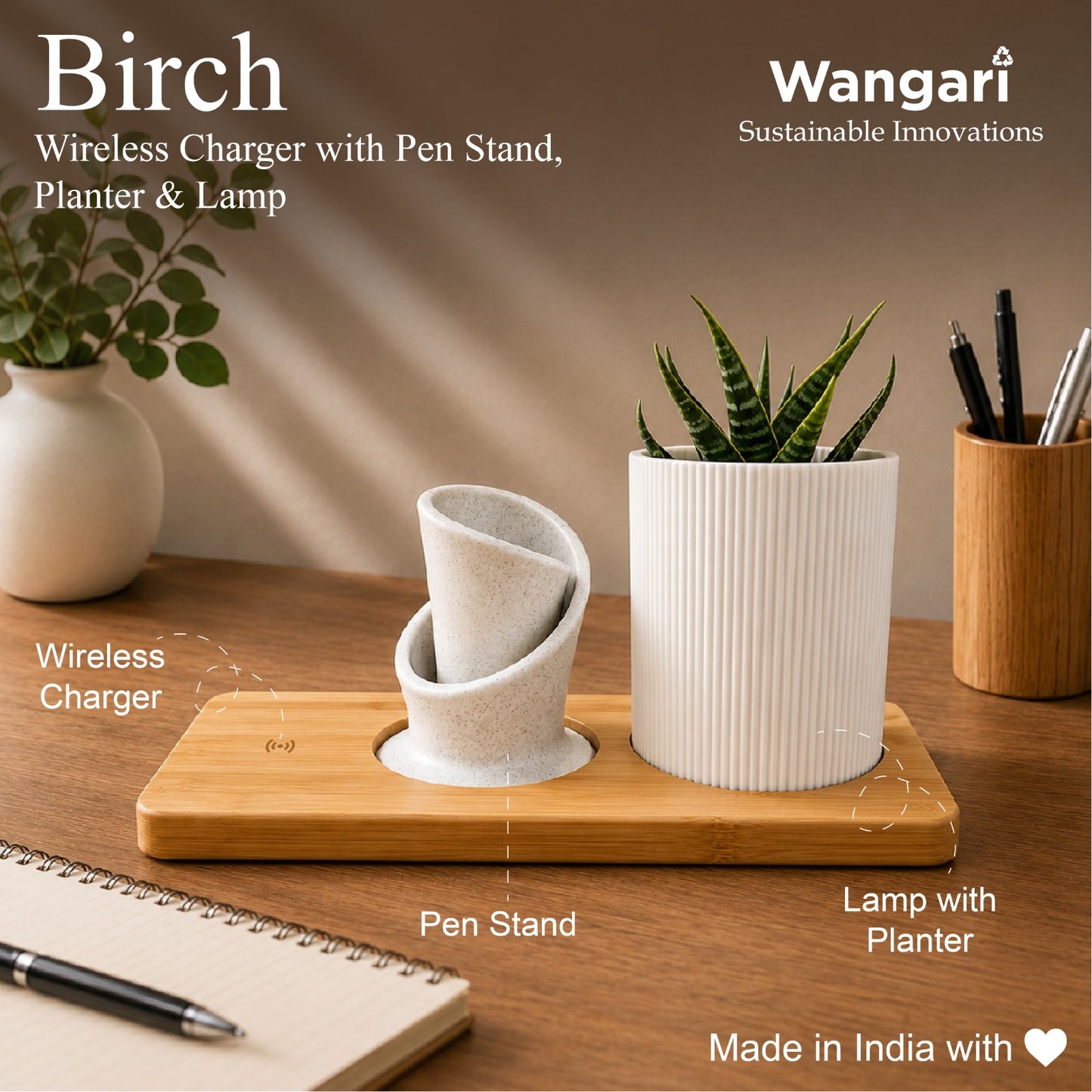 Birch Wireless Charger with Pen Stand Planter & Lamp