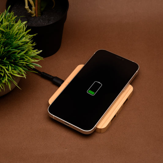 Pine 15W Square Bamboo Wireless Charger With USB Hub